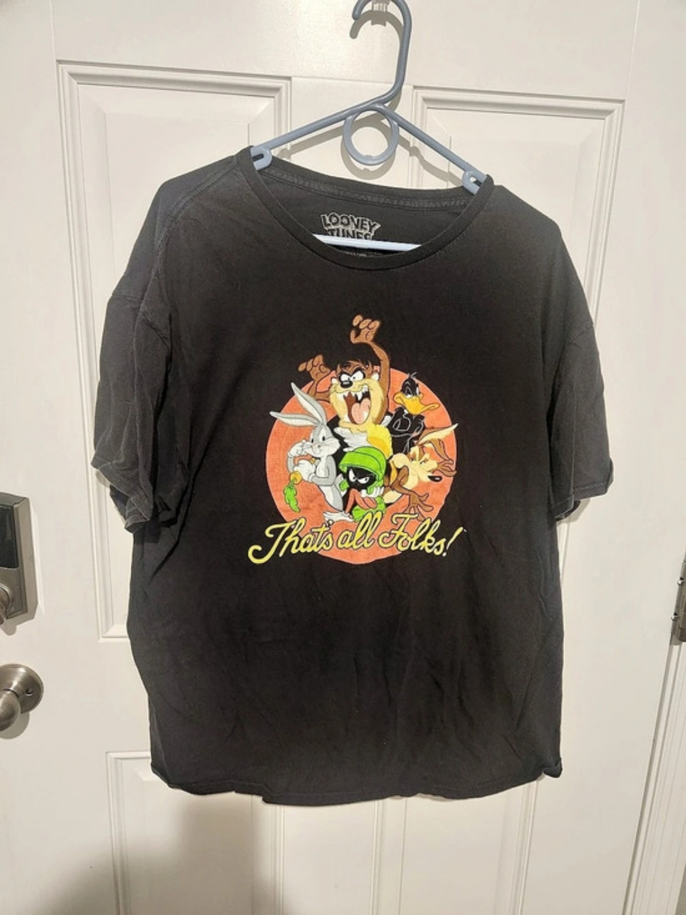 Looney Tunes That's All Folks Graphic Print Black T-Shirt XXL Bugs Bunny